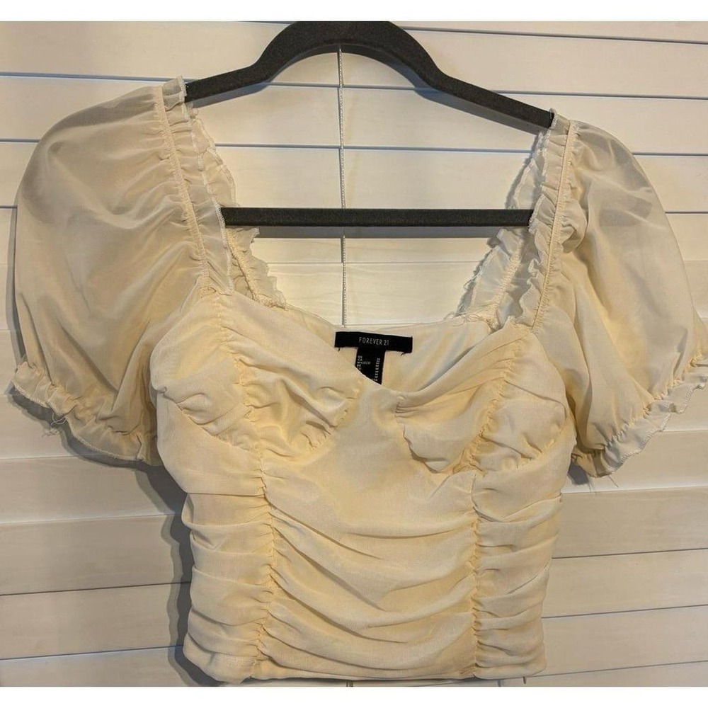 Forever 21 Puff Sleeve Ruched Sheer Blouse Top